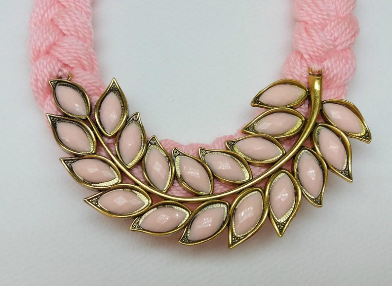 Pink necklace,Summer necklace Leaf necklace,Light pink gold leaf necklace,Pink and gold necklace Total pink knitted bib statement necklace