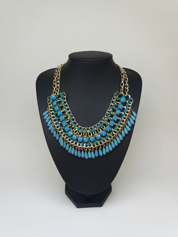 Blue statement necklace Turquoise bib necklace Big bold jewelry White pearl bib necklace Blue bib necklace Mother of the bride Gift for her