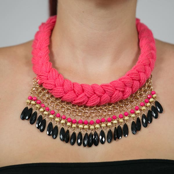 Fuchsia pink gold rope black boho bohemian gypsy bib statement necklace,Unique thread necklace,Thread necklace, Gift for her,Fashion jewelry