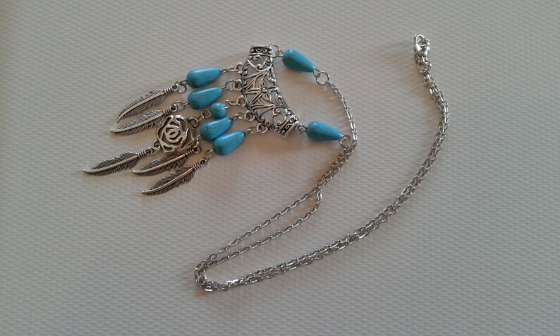 long pendant necklace best friend gift Light blue stones necklace,silver tone chain silver feathers trendy necklace
