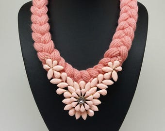 Pink bib statement knitted rope chunky boho bohemian pendant crystal charm jcrew collar necklace,Flower necklace, Light pink necklace,gift