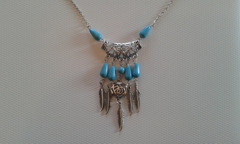long pendant necklace best friend gift Light blue stones necklace,silver tone chain silver feathers trendy necklace