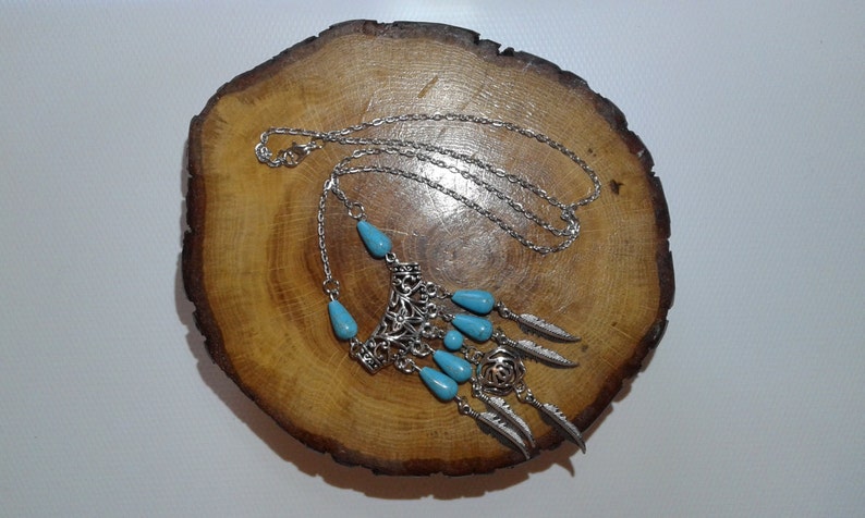 long pendant necklace best friend gift Light blue stones necklace,silver tone chain silver feathers trendy necklace
