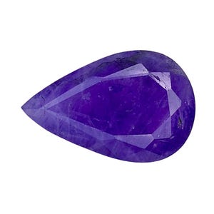 May include: A pear-shaped gemstone with a deep, saturated purple color and a faceted surface. The stone features a pointed end and a rounded base, with multiple triangular and trapezoidal facets that reflect light across its translucent body.