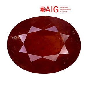 Puede incluir: Una piedra preciosa de color rojo intenso con forma ovalada que presenta un patrón en forma de estrella de ocho puntas visible en su superficie. La piedra se presenta junto al logotipo de AIG American International GemLab en texto rojo y negro.