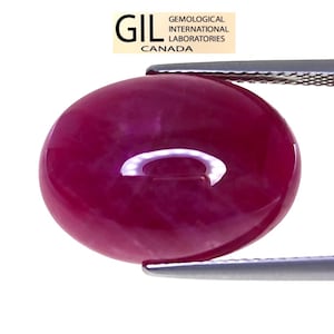 Puede incluir: Una piedra preciosa de color magenta intenso con forma ovalada y superficie de cabujón lisa y pulida. La piedra está sujeta por unas pinzas de metal plateado. Sobre ella, una etiqueta rectangular muestra el texto GIL GEMOLOGICAL INTERNATIONAL LABORATORIES CANADA.