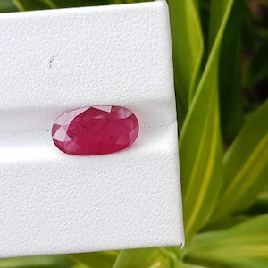 Op de afbeelding: Een ovaal geslepen, diep roze-rode edelsteen met een gefacetteerd oppervlak. De steen is geplaatst op een witte, getextureerde displaystandaard. De edelsteen vertoont een doorschijnende kwaliteit met zichtbare interne insluitingen en een gepolijste afwerking.