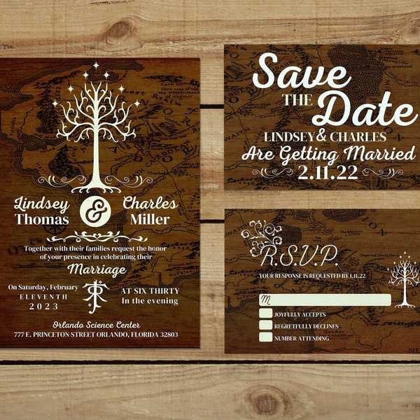 Modèle de kit d'invitation de mariage du Seigneur des Anneaux, faire-part de mariage modifiable, imprimable, RSVP, réservez la date, téléchargement immédiat, bricolage, Canva