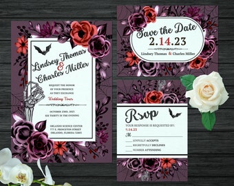 Gothic Rose Wedding Invitation Kit Template, Halloween, Skull, Flower, Editable, Printable, Invitation, RSVP, Save Date, Instant Download