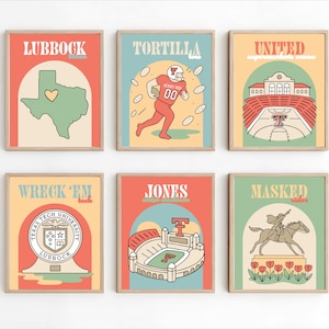 May include: Set of six framed art prints with retro-style illustrations. Each print features a different design, including a map of Texas, a football player, a stadium, and the Texas Tech University logo. The color palette includes red, green, and yellow.