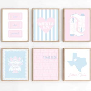 May include: A set of six framed wall art prints featuring a light blue and pink color palette. Designs include three tickets labeled Texas Tech University, a heart with Wreck 'Em Tech, cowboy boots, a mascot, repeating text, and a Texas map.