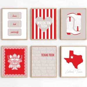 May include: Six framed art prints with a Texas Tech theme. Prints include a ticket design, a heart with "Wreck 'Em Tech", cowboy boots, a cowboy illustration, "Texas Tech" text, and a Texas map with "Lubbock, Texas".