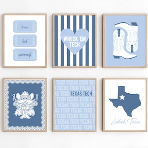 May include: Six framed prints with a Texas Tech theme. Designs include tickets, a heart with "Wreck 'Em Tech", cowboy boots, a cowboy, and the Texas map. The color scheme is light blue and white.