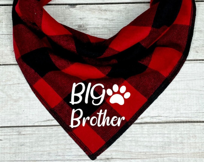Buffalo Plaid Big Brother Dog Bandana, Red and Black Checkered Dog Scarf Baby Announcement