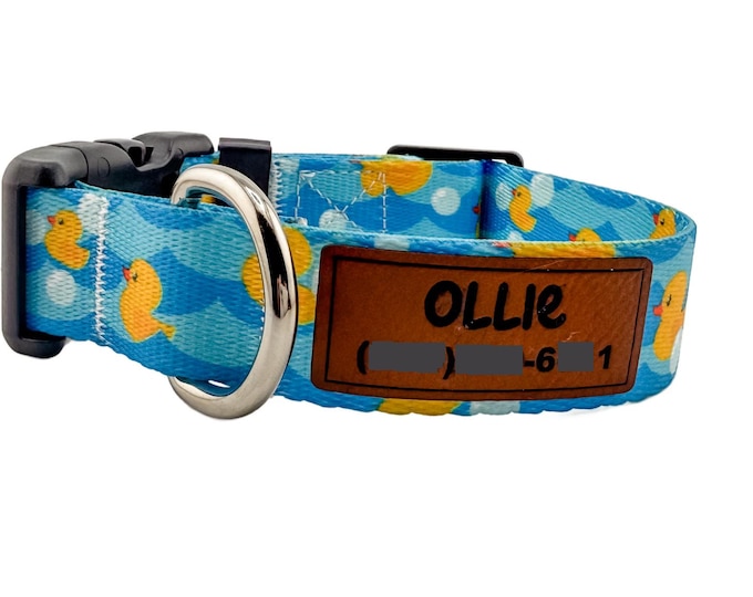 Personalized Duckies Dog Collar, Leather Name and Number Patch + Optional Leash