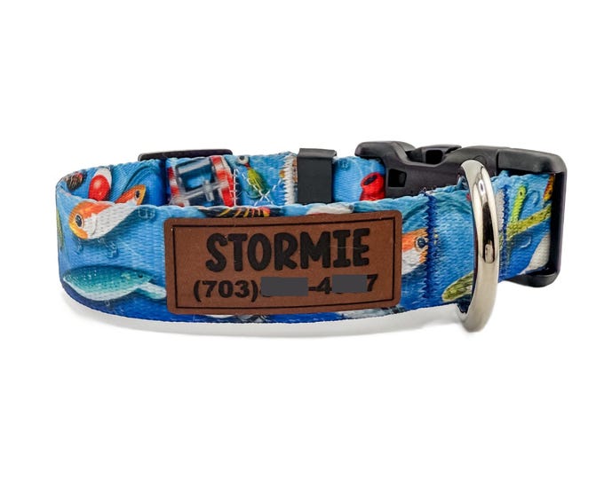 Personalized Fisherman's Catch Dog Collar with Fish n Bobbins, Leather Name and Number Patch + Optional Leash