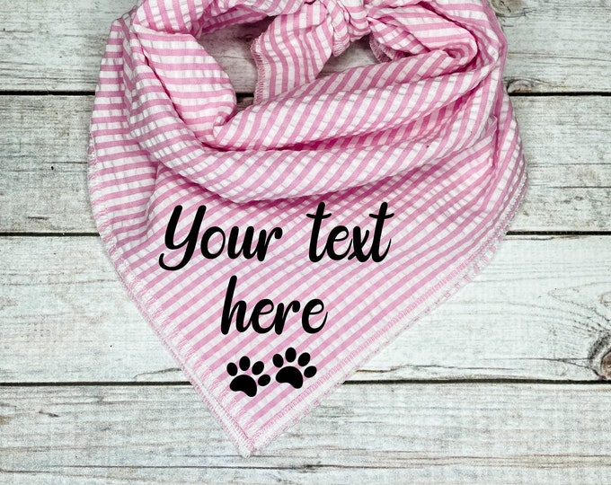 Pink Seer Sucker Personalized Dog Bandana with Paw Print, Custom Dog Bandana