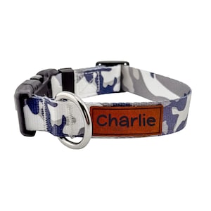 Personalized Camo Dog Collar: Custom Engraved Leather Patch, Matching Leash Option