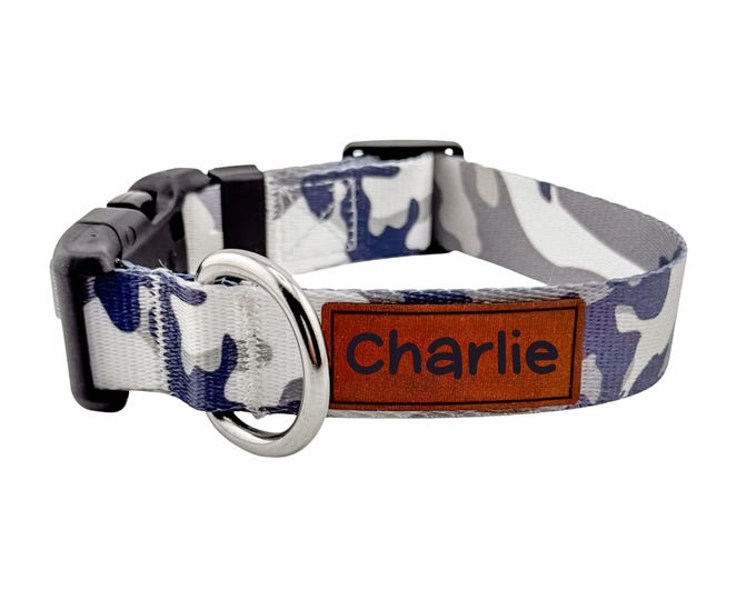 Personalized Camo Dog Collar: Custom Engraved Leather Patch, Matching Leash Option