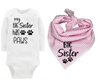 Big Sister Dog Bandana with Matching Bodysuit, Pink Seer Sucker Big Sister Bandana Set, Birth Announcement