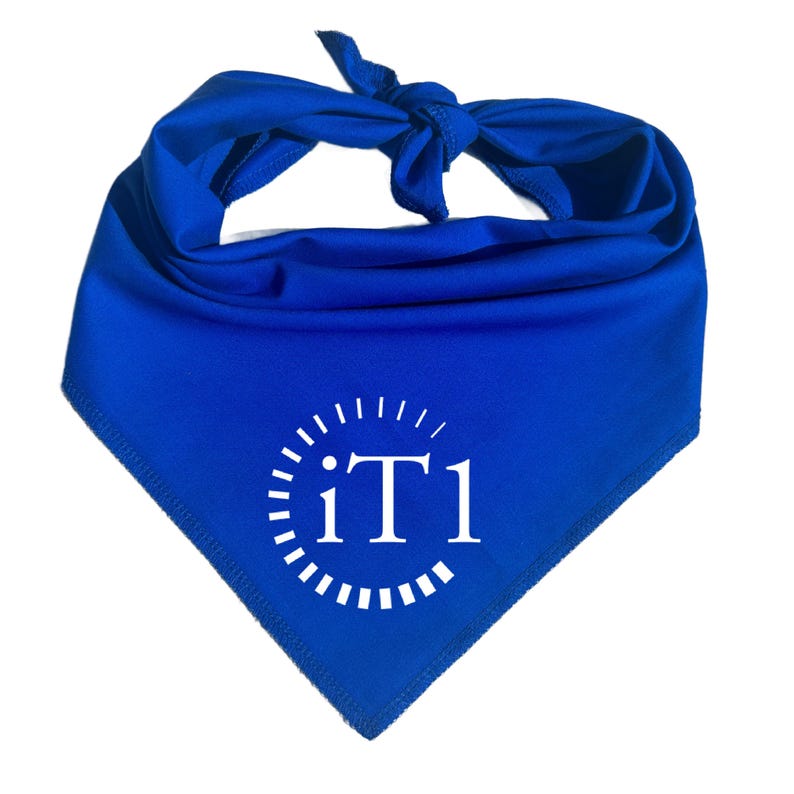 May include: A royal blue bandana with a white circle containing the text "iTT1" and a white dotted circle around it.