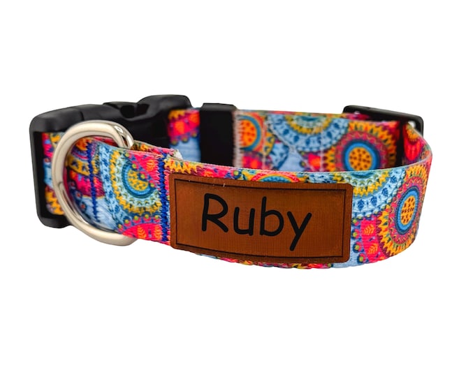Personalized Sky Mandala Dog Collar, Engraved Faux Leather Patch, Boho Pet ID