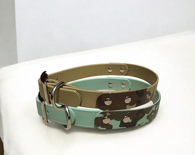 Printed Camo BioThane® Dog Collar – Waterproof, Stink-Proof & Durable | 1” Wide | Camo Pattern + Solid | Nickle Hardware | 2 Color Options