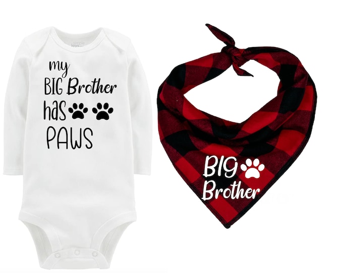 Plaid Big Brother Dog Bandana with Matching Baby Bodysuit featuring Puppy Paws