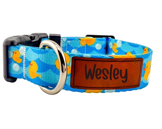 Personalized Duckies Dog Collar, Leather Name and Number Patch + Optional Leash
