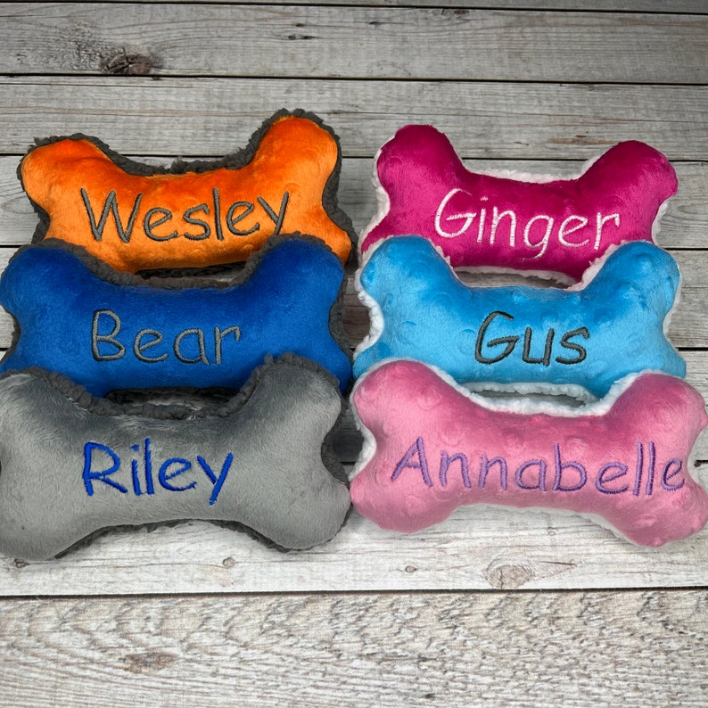 Small Dog Toy with Squeaker, Personalized Pet Gift, Custom Embroidered Dog Bone Shape Toy image 1