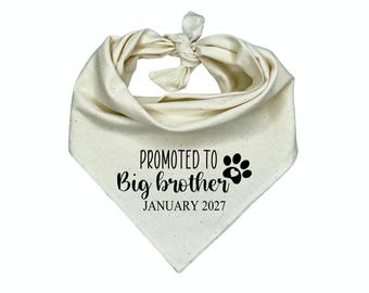 Può includere: Una bandana per animali domestici in tessuto color bianco sporco maculato, annodata sulla parte superiore. La bandana presenta una scritta nera che recita PROMOTED TO Big brother, seguita da JANUARY 2027 e un'impronta di zampa nera con un cuore.