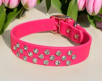 Hot Pink Bling Dog Collar – Waterproof, Sparkly, & Durable with Rhinestone Glam, BioThane®