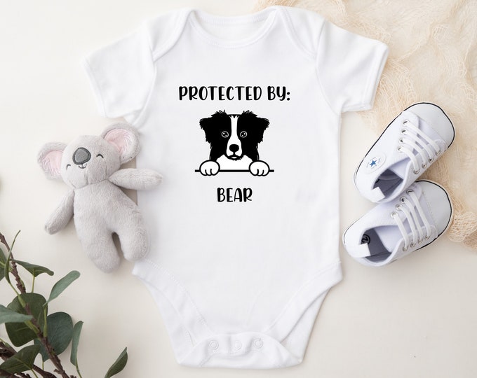 Personalized Baby Bodysuit with Custom Dog Print, Protected by Aussie
