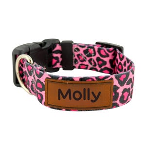 Pink Leopard Dog Collar | Personalized Engraved Patch, Girly Pet ID