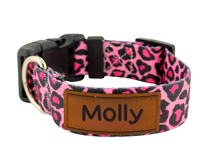 Pink Leopard Dog Collar | Personalized Engraved Patch, Girly Pet ID
