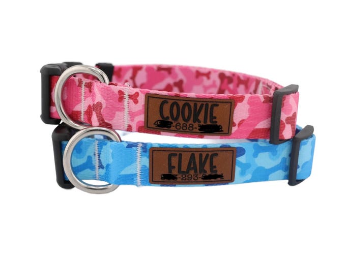 Personalized Dog Collar in a Blue Bone Camo or Pink Bone Camo Pattern with Matching Leash