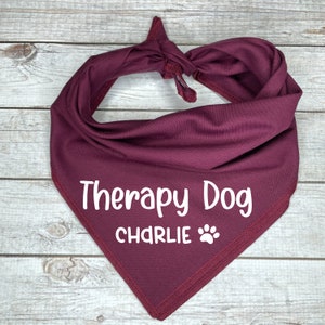 Może przedstawiać: Bordowy bandanna z białym napisem "Therapy Dog CHARLIE" i odciskiem łapy.