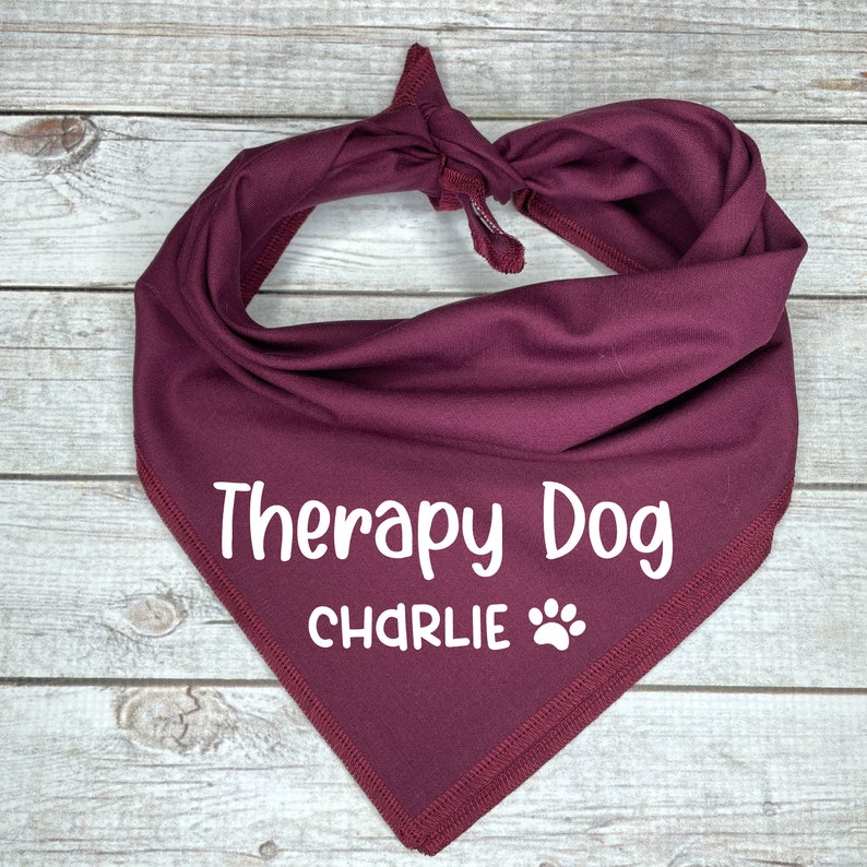 Może przedstawiać: Bordowy bandanna z białym napisem "Therapy Dog CHARLIE" i odciskiem łapy.