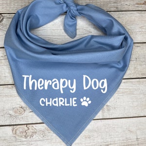 Może przedstawiać: Jasnoniebieska bandana dla psa z białym napisem "Therapy Dog Charlie" i odciskiem łapy.
