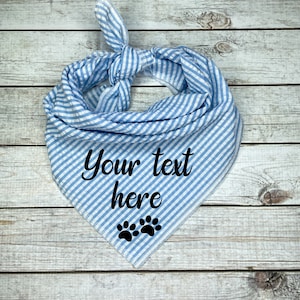 Blue Seer Sucker Personalized Dog Bandana with Paw Print, Custom Dog Bandana