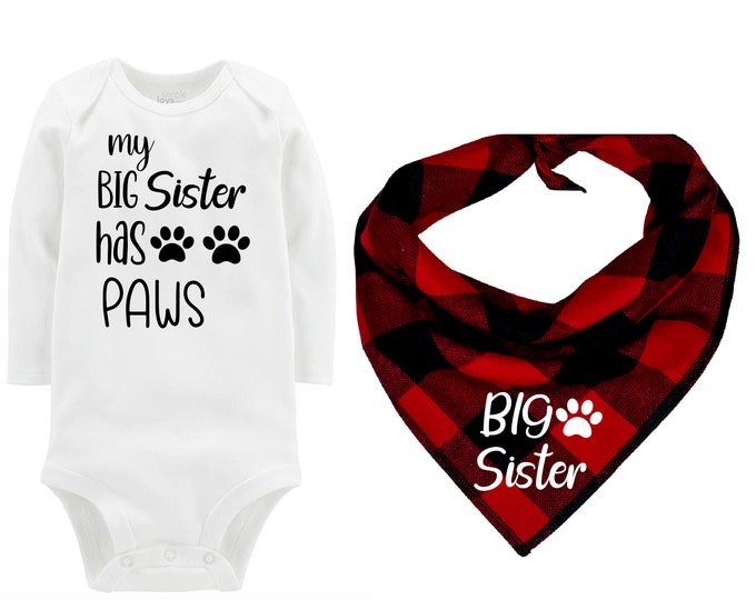 Buffalo Plaid Big Sister Dog Bandana with Matching Bodysuit, Pet Gift