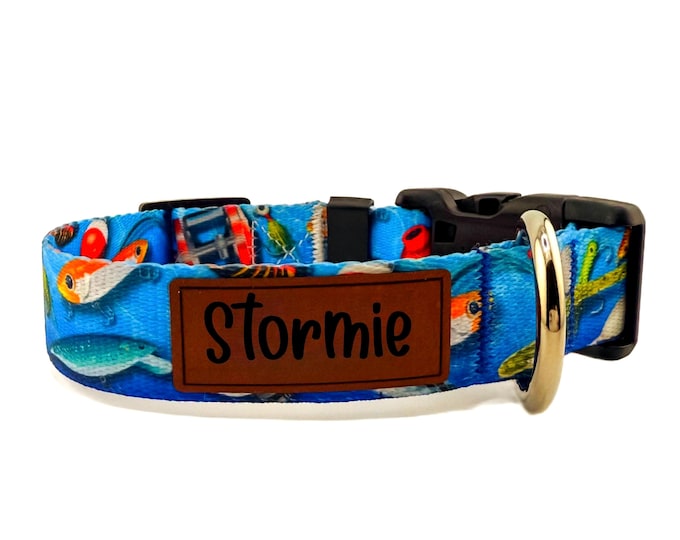 Personalized Fisherman Dog Collar: Engraved Leather Patch, Fish Print, Optional Leash