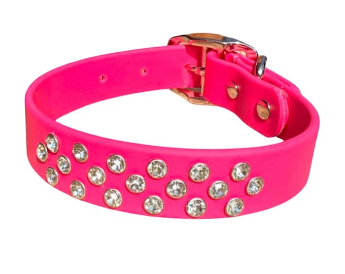 Hot Pink Bling Dog Collar – Waterproof, Sparkly, & Durable with Rhinestone Glam, BioThane®