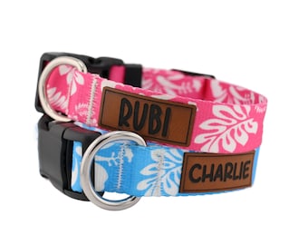 Personalized Dog Collar in a Blue Hawaiian or Pink Hawaiian Tropical Pattern with Engraved Name, Optional Matching Leash