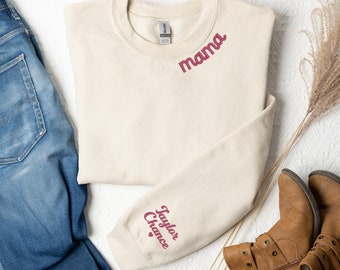 Mother's Day Sweatshirt with Kids Names Embroidered on Sleeve and Mom’s Name on Collar