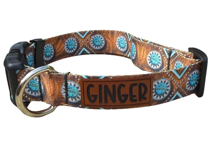 Personalized Western Dog Collar: Engraved Leather Name Patch, Turquoise Pendant