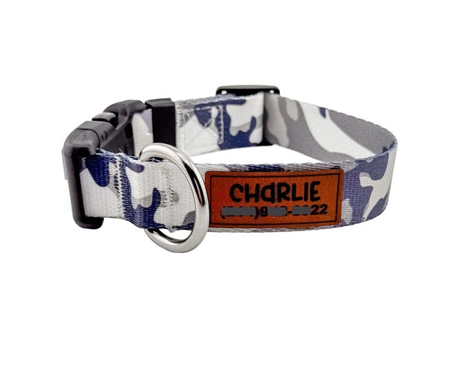 Personalized Camo Dog Collar with Custom Leather Name Patch & Matching Leash – Engraved Dog Collar with Phone Number