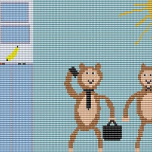 Puede incluir: Dos monos marrones con corbata y llevando un maletín. El mono de la izquierda está sujetando un teléfono a su oreja. El fondo es azul claro con un sol amarillo.