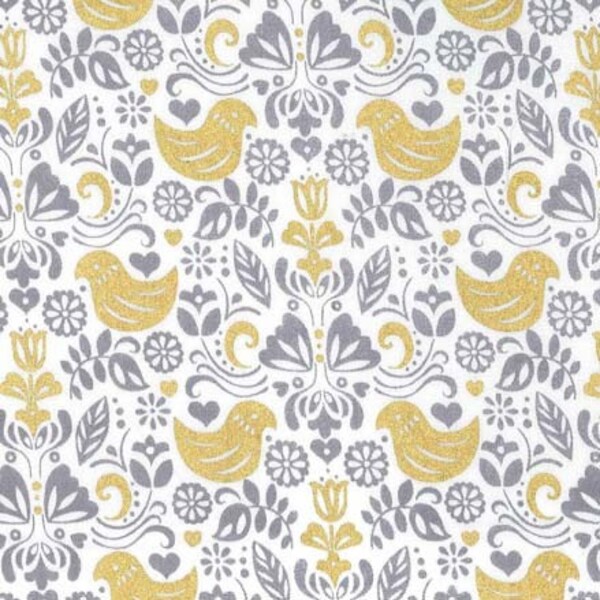 Michael Miller "Bird Buddies" patchwork fabric printed golden birds on off-white background - 25 cm