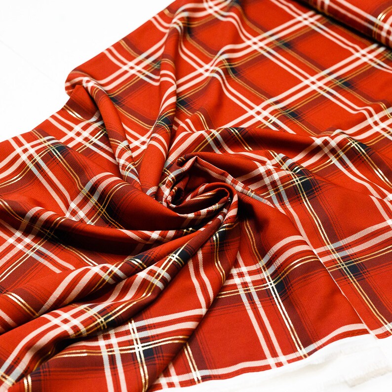 Poplin fabric of viscose rust with white and gold plaid 50 cm image 3